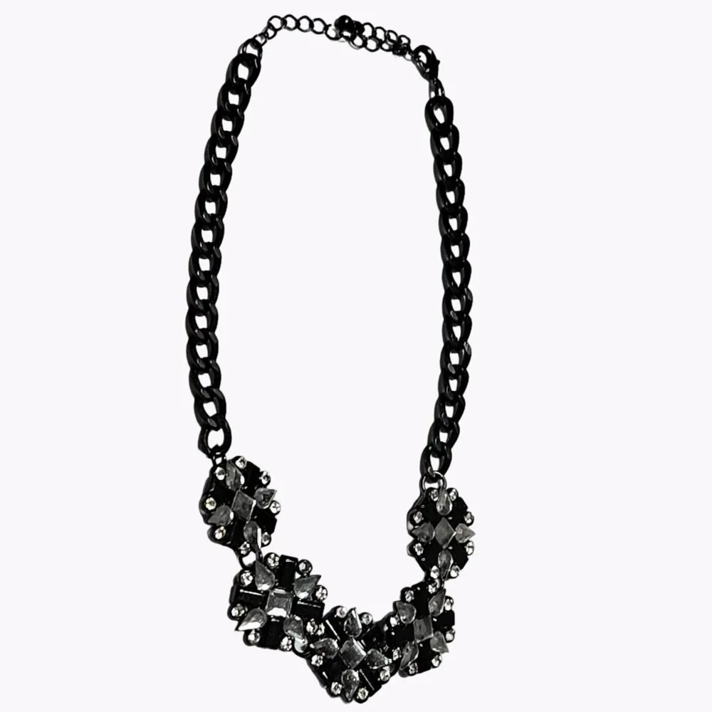 Elegant Floral Chunky Statement Necklace Black Gem Rhinestone Fashion Jewelry